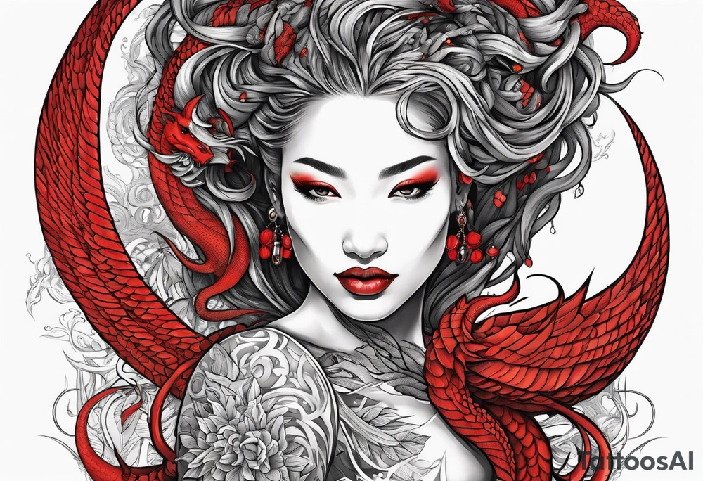 Red dragon wrapping around woman with locs tattoo idea
