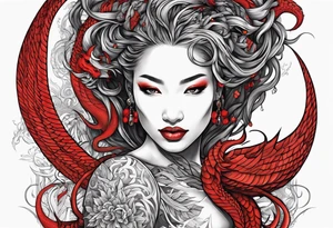 Red dragon wrapping around woman with locs tattoo idea