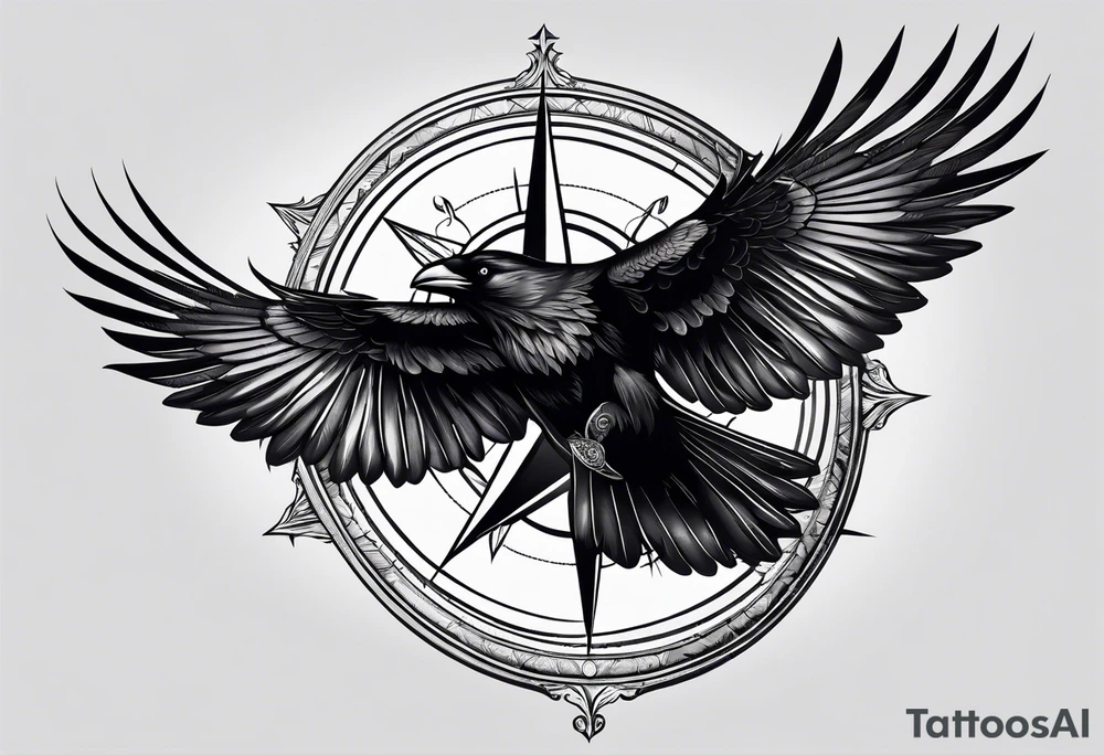 flying crow with compass and two wings tattoo idea