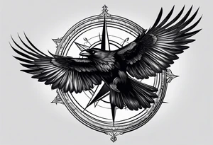 flying crow with compass and two wings tattoo idea