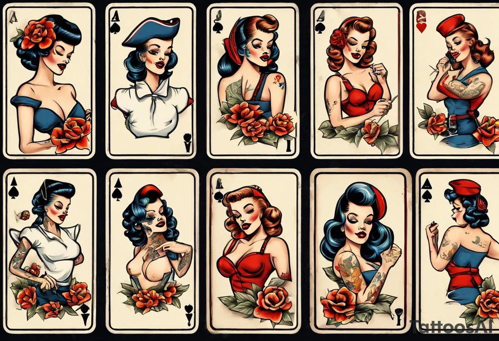 traditional pin up girl, playing cards, skulls, flowers tattoo idea