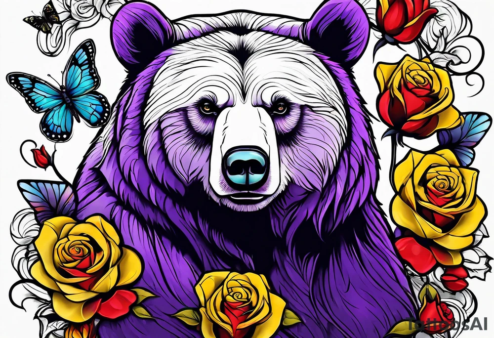 Bear under the tree of life with yellow, purple, and red colored roses and three butterflies for an upper arm tattoo. tattoo idea