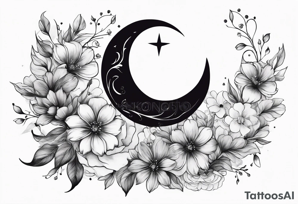 Crescent moon with a heart inside, shrouded by beautiful flowers with wisps of mist tattoo idea