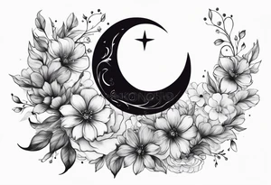 Crescent moon with a heart inside, shrouded by beautiful flowers with wisps of mist tattoo idea