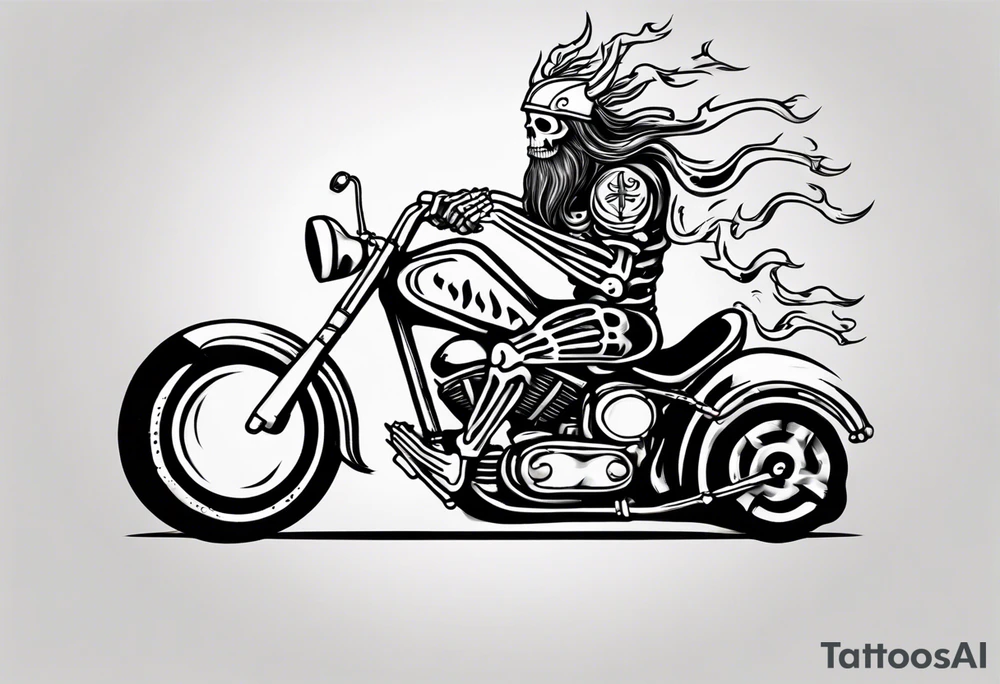i want a tattoo of a viking skeleton riding a motorcycle with flames and I want the words “Viking Customs” incorporated into the design tattoo idea