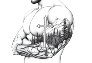 russian orthodox cross in a light forrest mountainous setting tattoo idea