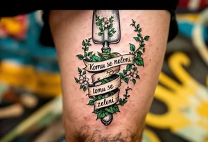 "Komu se neleni, tomu se zeleni." — Lush green vines wrapping around a pair of hard-working hands holding a trowel, with the phrase blooming along the handle. tattoo idea