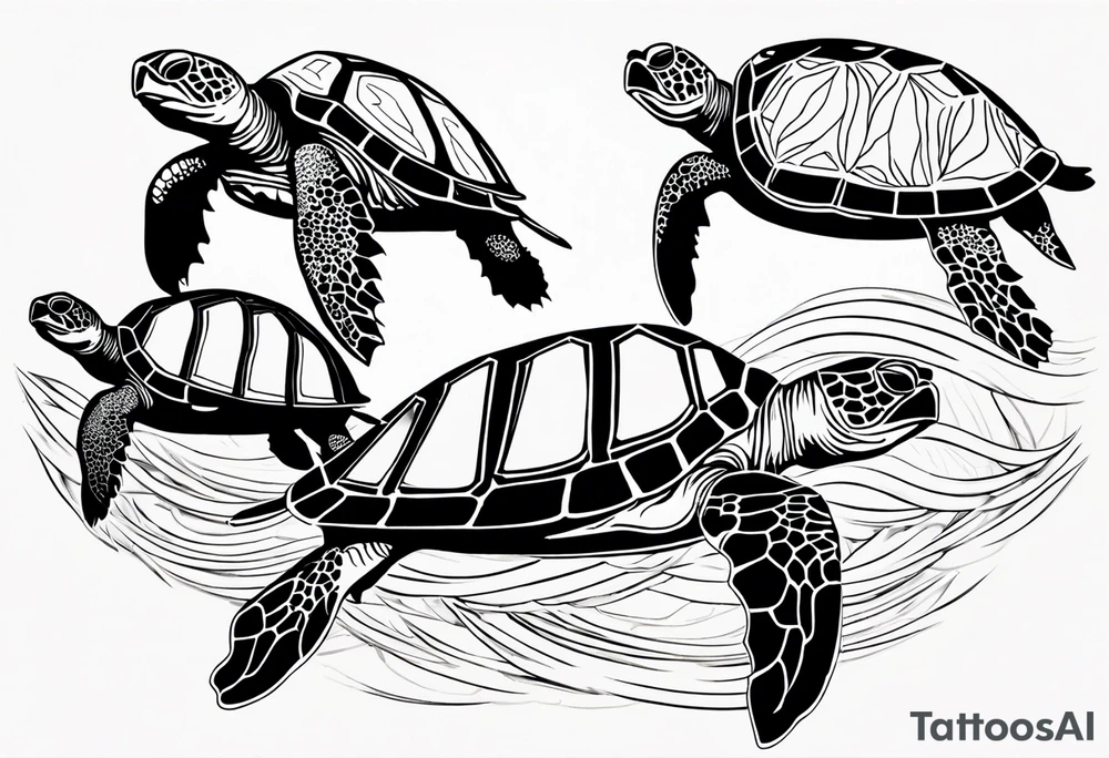 four sea turtles swimming in a row one holds tattoo idea