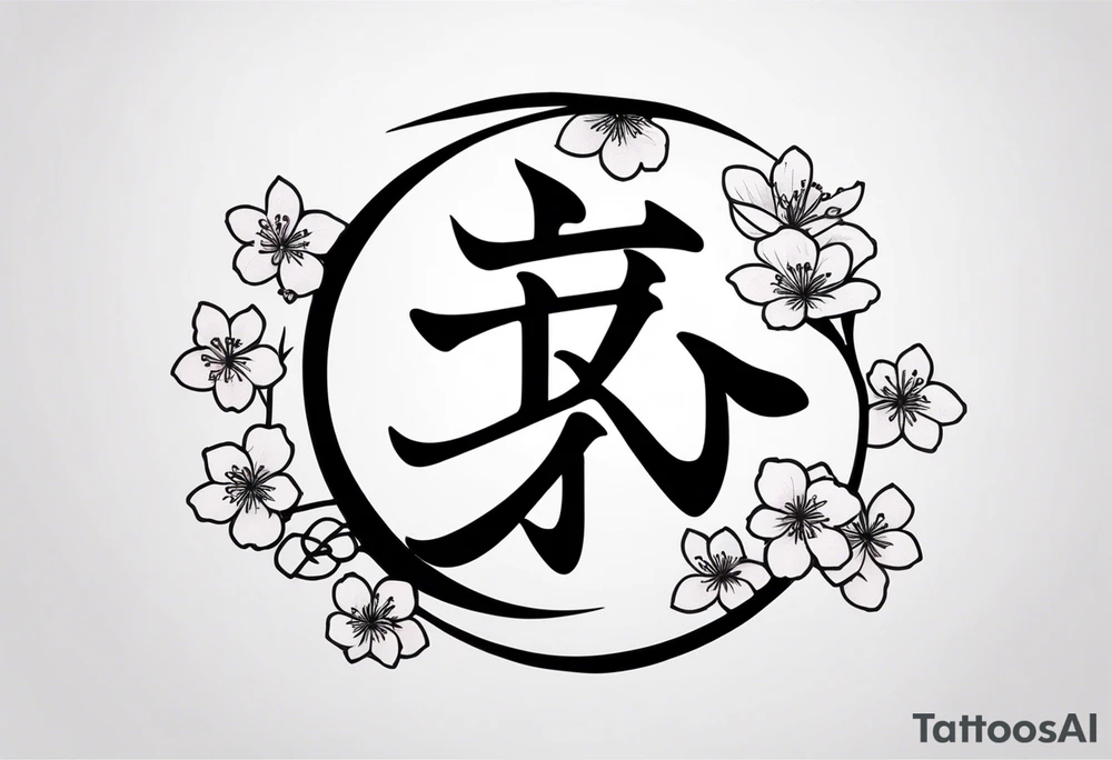 Shadow kanji inside half circle with small cherry blossoms tattoo idea Shadow kanji inside half circle with small cherry blossoms tattoo idea