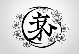 Shadow kanji inside half circle with small cherry blossoms tattoo idea