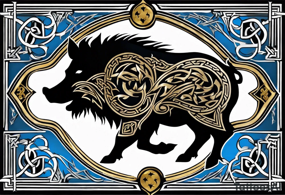 Side profile, Celtic, tribal, wild boar, On a Chatwin family crest with blue background, two gold stars, and a gold Chevron, and a Thistle. With bold black tribal lines. ancient Celtic, tribal boar tattoo idea