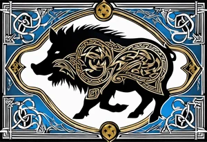 Side profile, Celtic, tribal, wild boar, On a Chatwin family crest with blue background, two gold stars, and a gold Chevron, and a Thistle. With bold black tribal lines. ancient Celtic, tribal boar tattoo idea