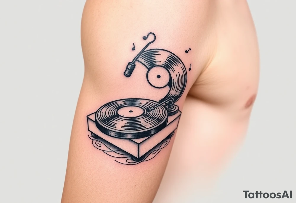 vinyl records and vinyl record player as an expression of love for house music tattoo idea