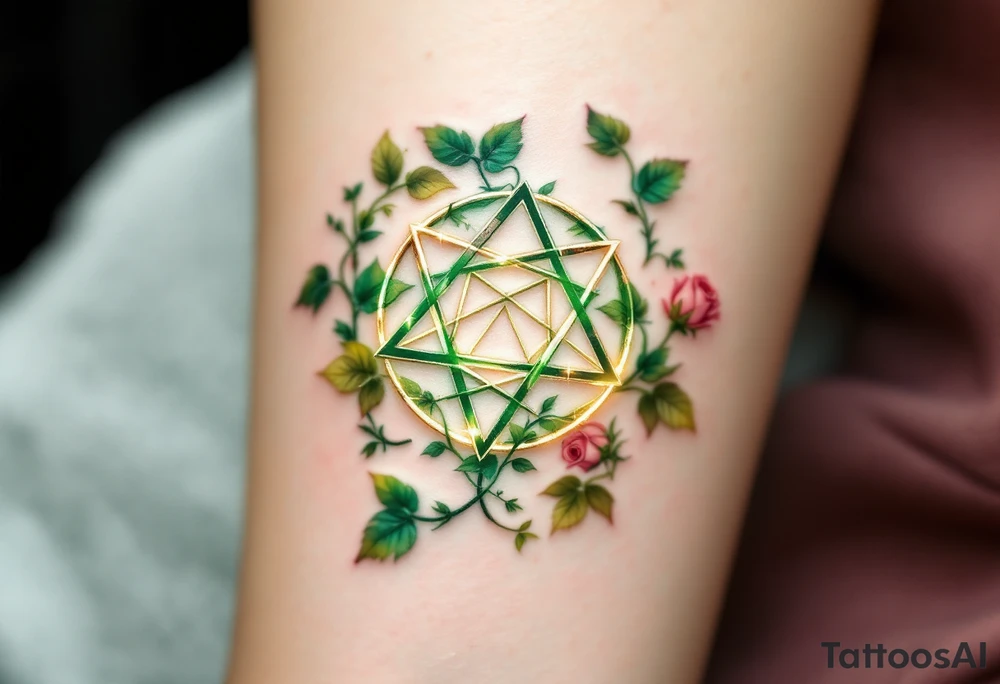 An earthy green geometrical rune of love, surrounded by vines and soft rose petals, emphasizing love’s growth and beauty. The symbol’s glowing edges represent love’s nurturing energy, with light golden highlights that make it appear as if it’s alive. tattoo idea