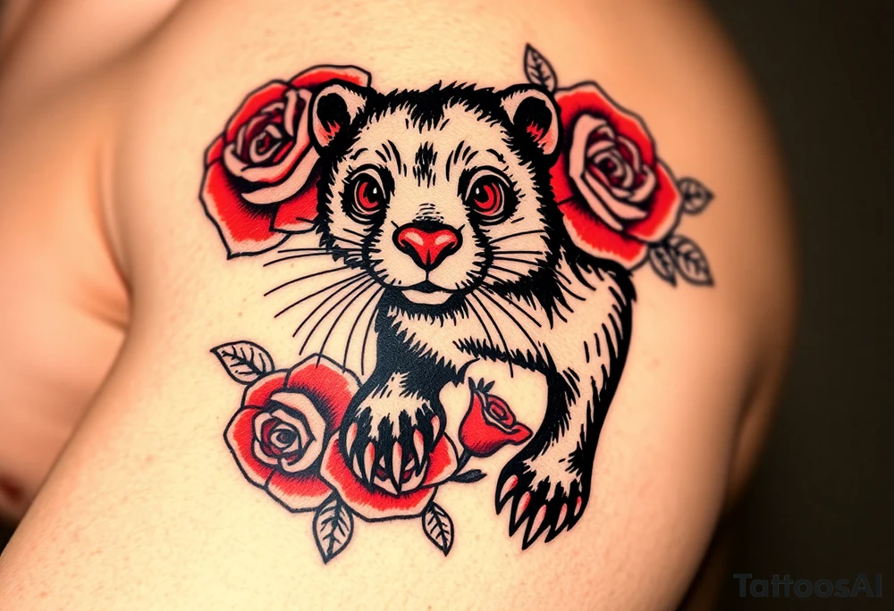 A mole animal with bold black outlines, and red roses surrounding it for a classic old-school aesthetic tattoo idea