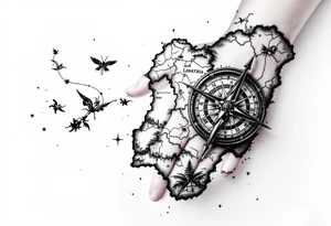 Compass on the hand in the shape of Nigeria with longitude written on the top and latitude written on the bottom. Draw lines from a treasure map connecting from the arm to the tattoo tattoo idea