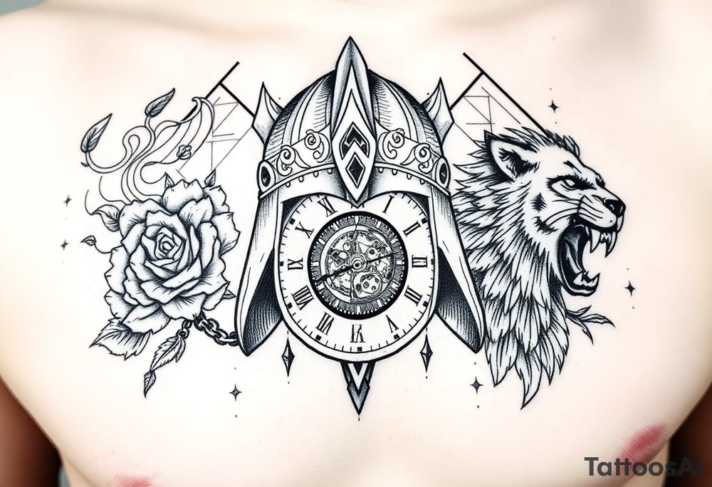 A detailed tattoo featuring a stylized warrior helmet with intricate textures and patterns. Behind it lies a shattered clock face with exposed gears and intertwined chains, symbolizing struggle with time and anxiety. Surrounding the helmet and clock are swirling smoke and wind patterns filled with fine details like leaves, feathers, and tribal motifs, representing resilience and growth. On one side, a blooming thorned rose or lotus flower symbolizes delicate strength and love. On the other side, a fierce roaring lion or wolf head embodies courage and protection. The background includes geometric shapes and dotwork to add depth and unify the design. The style combines bold linework with fine detail, dotwork, and shading for a powerful modern tattoo. tattoo idea