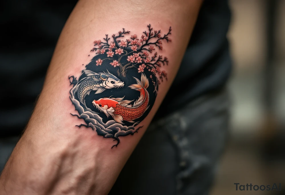 koi fish fighting a dragon in a yin yang format 
with a sakura tree in the background, Japanese inspired piece tattoo idea