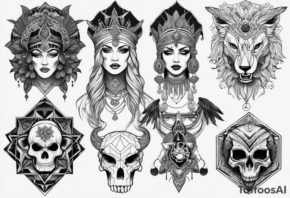 kali ma, alien goddess, valkrye, aries, pirate, divine feminine, zenza resonance, pachamama, lotus azul, blank panther, eagle, skull, 5D, nueva gaya, dna 12 tattoo idea