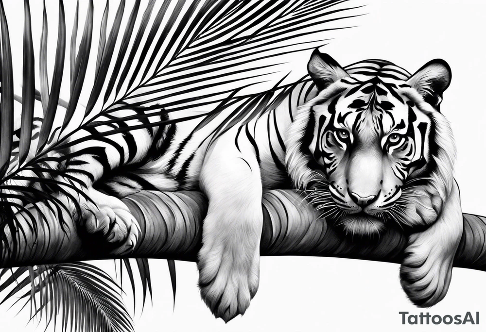 tiger laying on palm tree tattoo idea