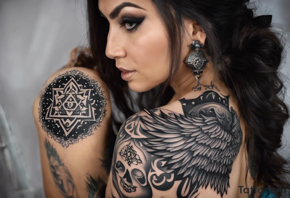 black kali, goddess pirate, alien, angel, pachamama, valkrye, warrior, flying, skull, lotus azul, wing, eagle, zenza resonance, stars, 5D, anahata chakra, death, durga, riding on a tiger, flying lady, kundalini, chest tatoo, rebel tattoo idea