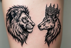 Minimal black line tattoos of matching animal pairs—lion/lioness or stag/doe—each with a crown. tattoo idea