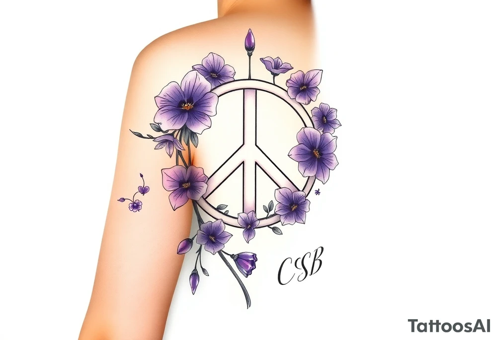 peace symbol intertwined with violets Pisces symbol, dog prints, amethyst, initials csb in cursive font tattoo idea
