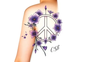 peace symbol intertwined with violets Pisces symbol, dog prints, amethyst, initials csb in cursive font tattoo idea