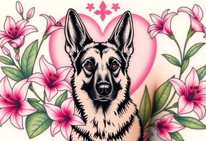 tough looking short haired german shepherd with alert ears surrounded by pink lilies with large leaves in front of a sacred heart tattoo idea