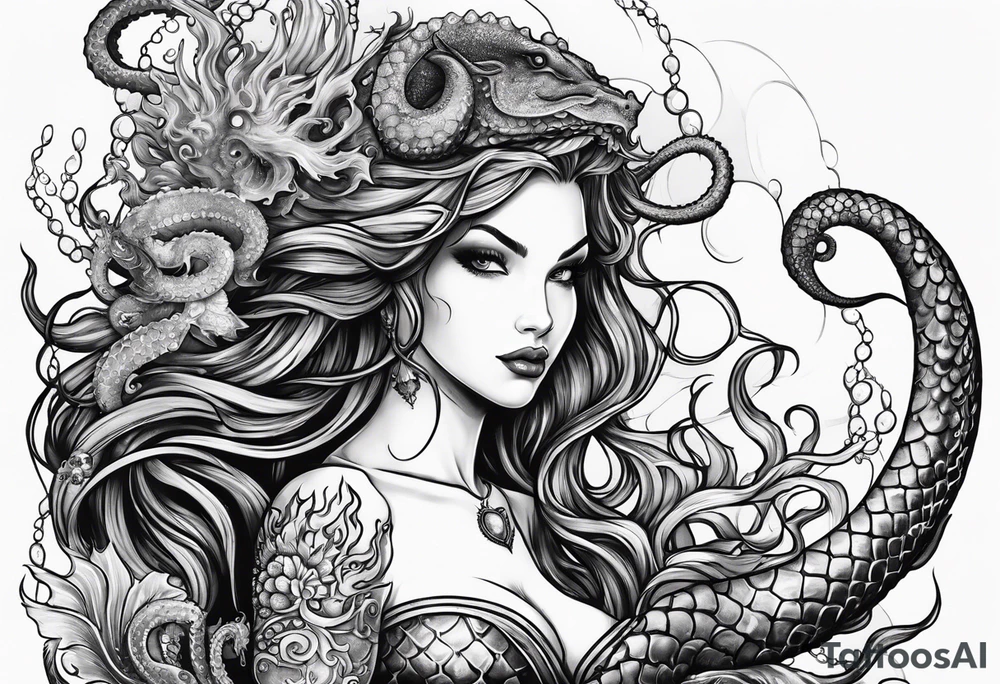 Evil mermaid holding trident with seahorse and octopus tentacles tattoo idea