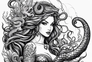 Evil mermaid holding trident with seahorse and octopus tentacles tattoo idea