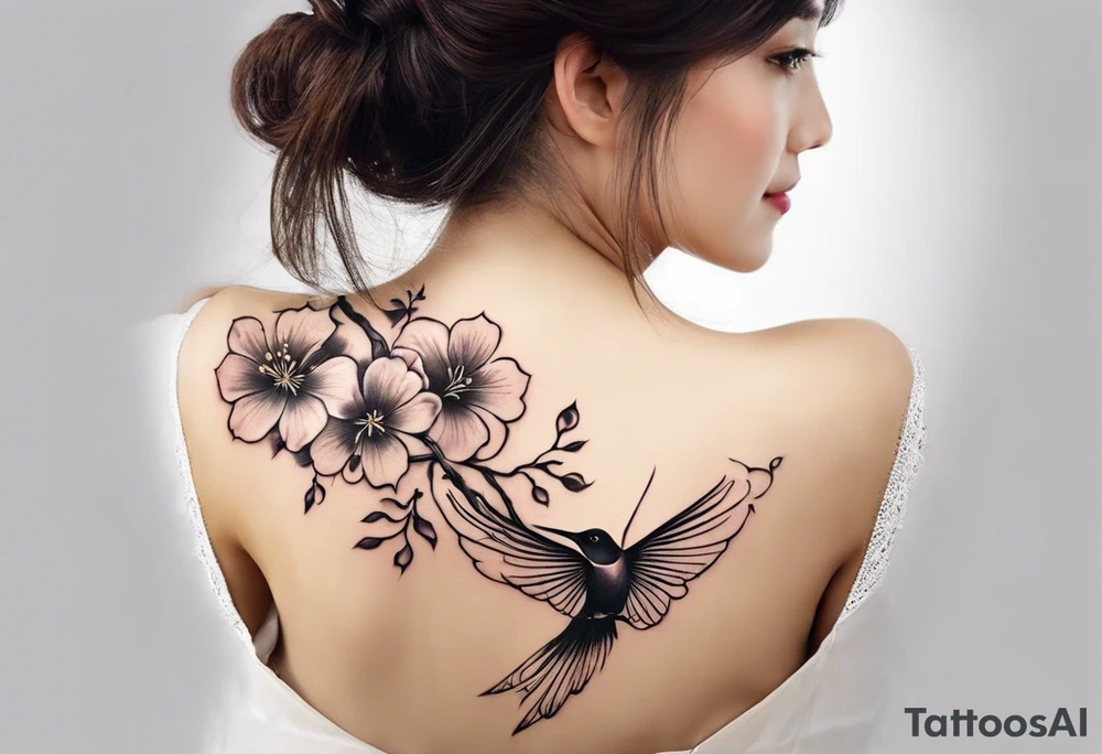 esign a delicate and harmonious tattoo that starts from the lower back and extends to the middle of the back. The tattoo features a thin, flowing Japanese plum branch with subtle ginkgo leaves intertwined. Hidden within the elements of the branch are a horseshoe, a hummingbird, a butterfly, an antique pocket watch, and a diamond. The overall style should be fine and elegant, with all the elements blended seamlessly into the design, giving a natural and artistic look.” tattoo idea