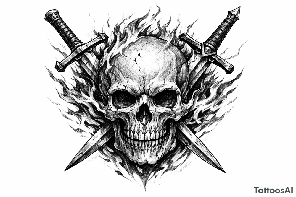 A dynamic composition of a skull with fiery tendrils, and two swords piercing through it. tattoo idea