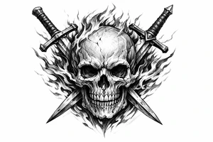 A dynamic composition of a skull with fiery tendrils, and two swords piercing through it. tattoo idea