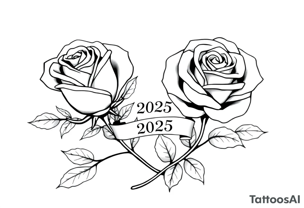 two beautiful large rose buds, one larger than the other, with many leaves next to the rose buds, with one sitting higher than the other. Include a banner connecting the two roses with the year 2025 on it.   Use dark outlines with little shading. The two stems should be short, not long, and connect and join into one stem, whimsically curved or twisted - not straight down. tattoo idea