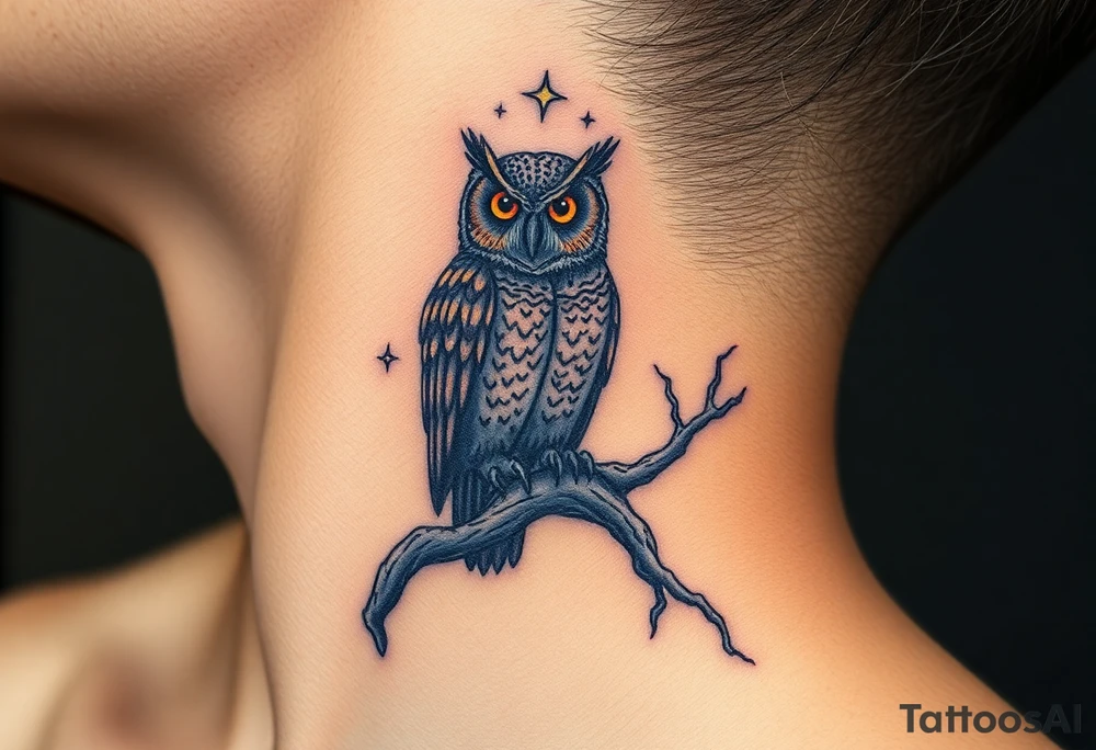 wise owl perched on ancient oak branch under starlit sky tattoo idea