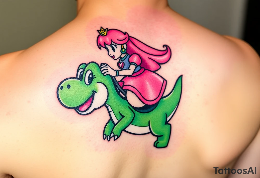 Princess Peach riding Yoshi from Mario Bros with vibrant colors tattoo idea