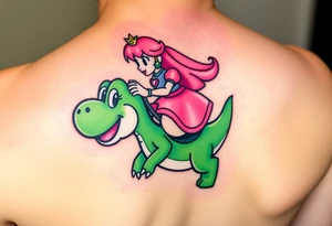 Princess Peach riding Yoshi from Mario Bros with vibrant colors tattoo idea