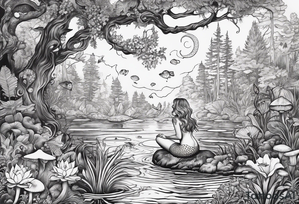 A Mermaid singing in a bayou that has cypress trees, mushrooms, lily pads, frogs, and bugs tattoo idea