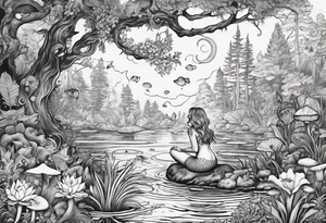 A Mermaid singing in a bayou that has cypress trees, mushrooms, lily pads, frogs, and bugs tattoo idea
