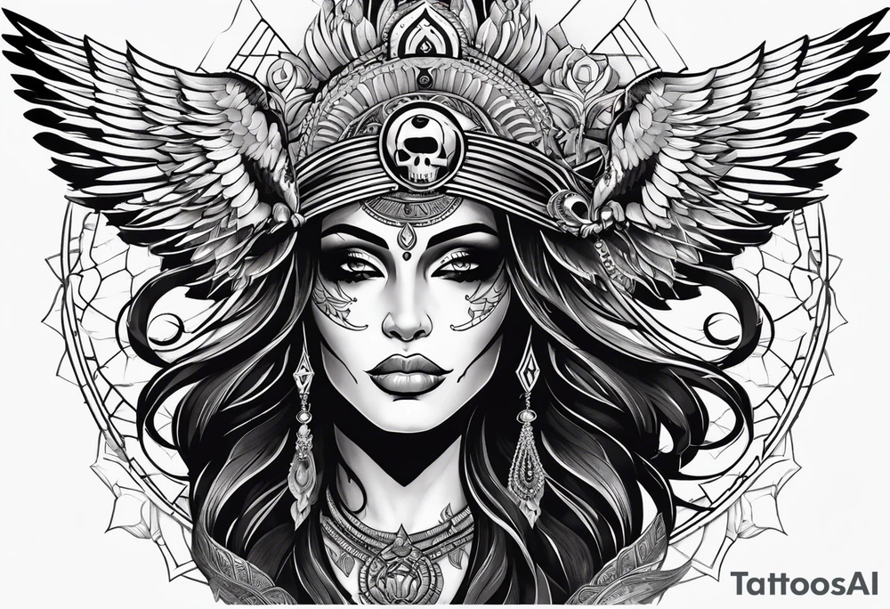 black kali, goddess pirate, alien, pachamama, valkrye, warrior, skull, lotus azul, wing, eagle, zenza resonance, stars, 5D, anahata chakra tattoo idea