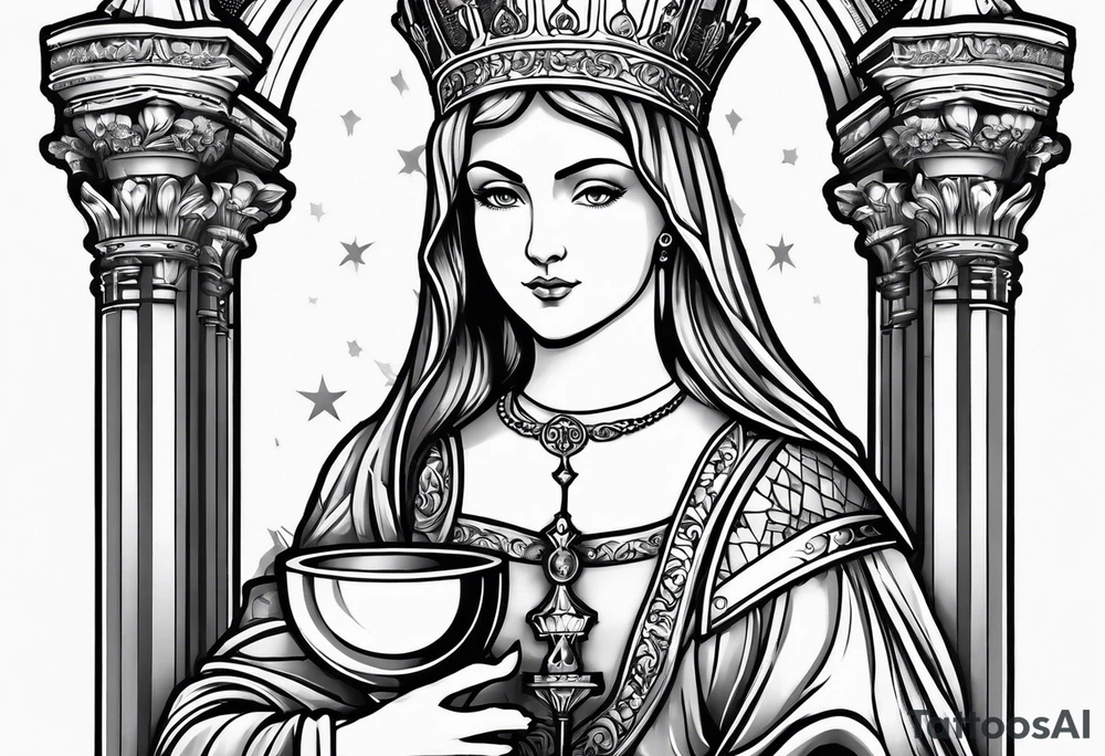 Saint Barbara holding a chalice with a tower beside her tattoo idea