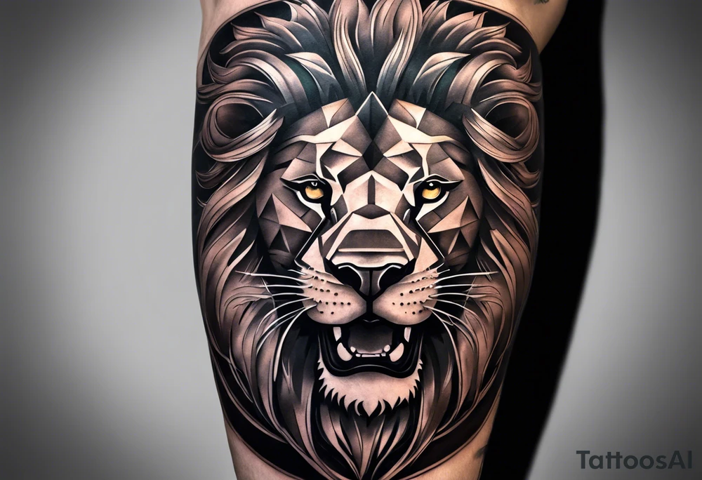 A full tattoo sleeve designed with a strong, masculine aesthetic, featuring a powerful lion as the centerpiece. The lion, symbolizing strength, courage, and leadership, is depicted with intricate detail and dynamic shading, capturing its fierce expression and majestic mane. Surrounding the lion, incorporate geometric patterns that add structure and contrast to the design. These patterns are bold and angular, creating a sense of order and symmetry that complements the natural form of the lion. The geometric elements are woven around the lion, emphasizing its central position while providing a modern, edgy backdrop. The shading throughout the sleeve is deep and dramatic, enhancing the contrast between the organic features of the lion and the precise lines of the geometric patterns. The overall design is bold, intense, and visually striking, combining the raw power of the lion with the clean, ordered aesthetic of geometric patterns for a cohesive and masculine tattoo sleeve. tattoo idea