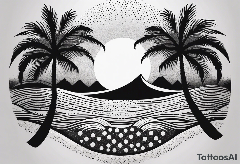 palm tree front of a sun and waves tattoo idea
