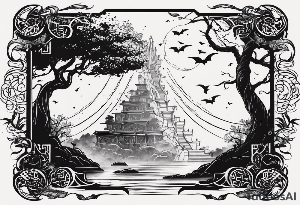 in vertical line, there is a tree with the roots like stairs, where a dragon is coming up, as well somewhere there are some wings, and the words "One day at a time" with the date 4.14.24 tattoo idea
