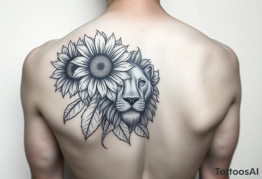 sunflower or multiple sunflowers and lion head on a womans upper arm tattoo idea