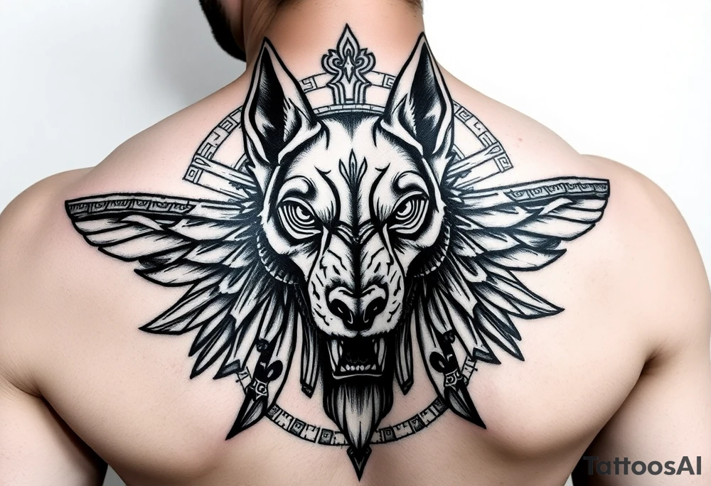 Egyptian Anubis god powerful face muscle in Egypt style dog face surrounded Egyptian symbols tattoo idea