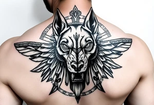 Egyptian Anubis god powerful face muscle in Egypt style dog face surrounded Egyptian symbols tattoo idea