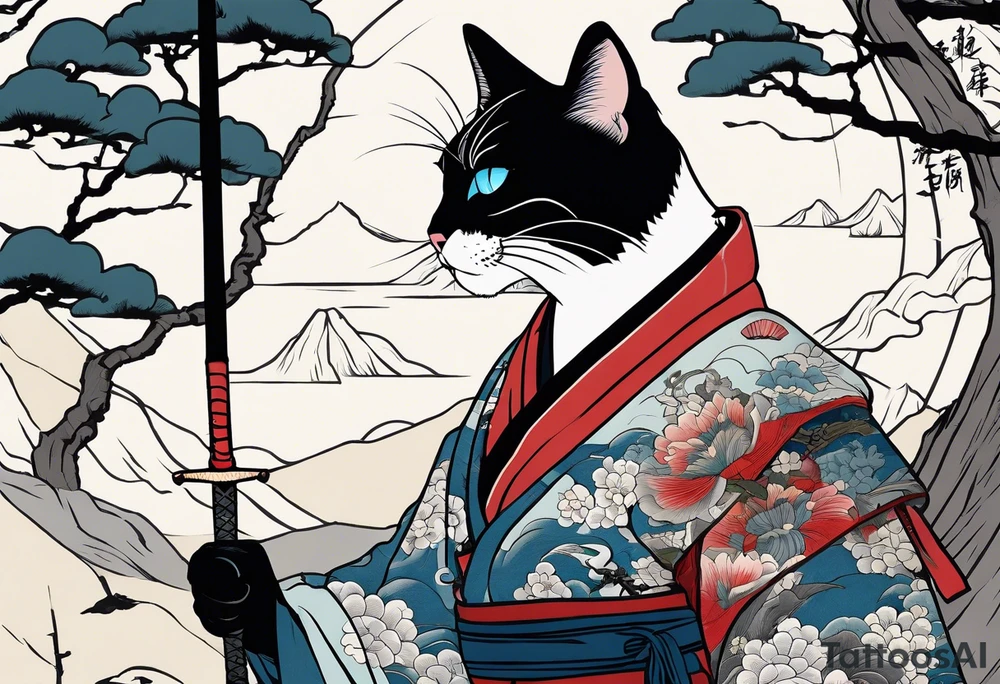 A siamese samurai cat slashing his enemy tattoo idea