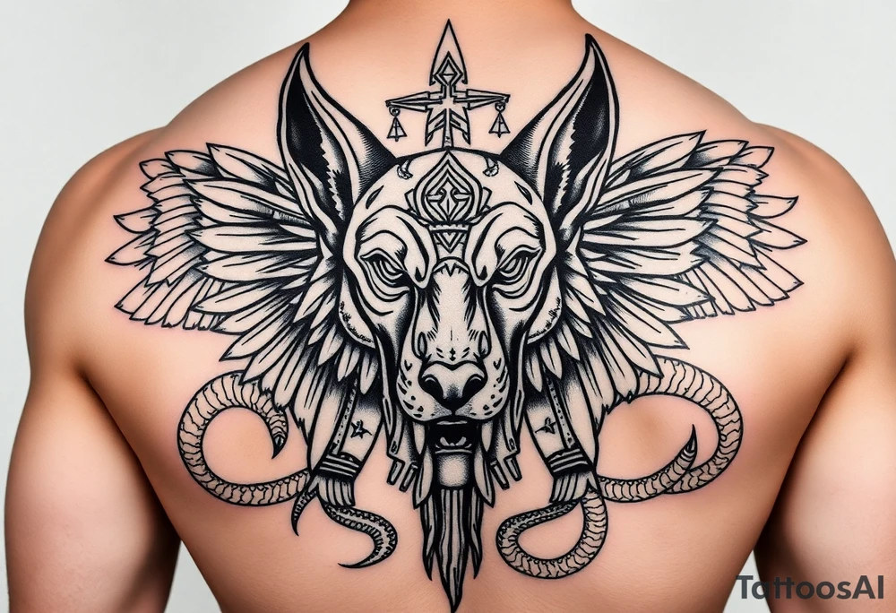 Egyptian Anubis god face muscle in Egypt style dog face surrounded Egyptian symbols and snakes full back tattoo idea